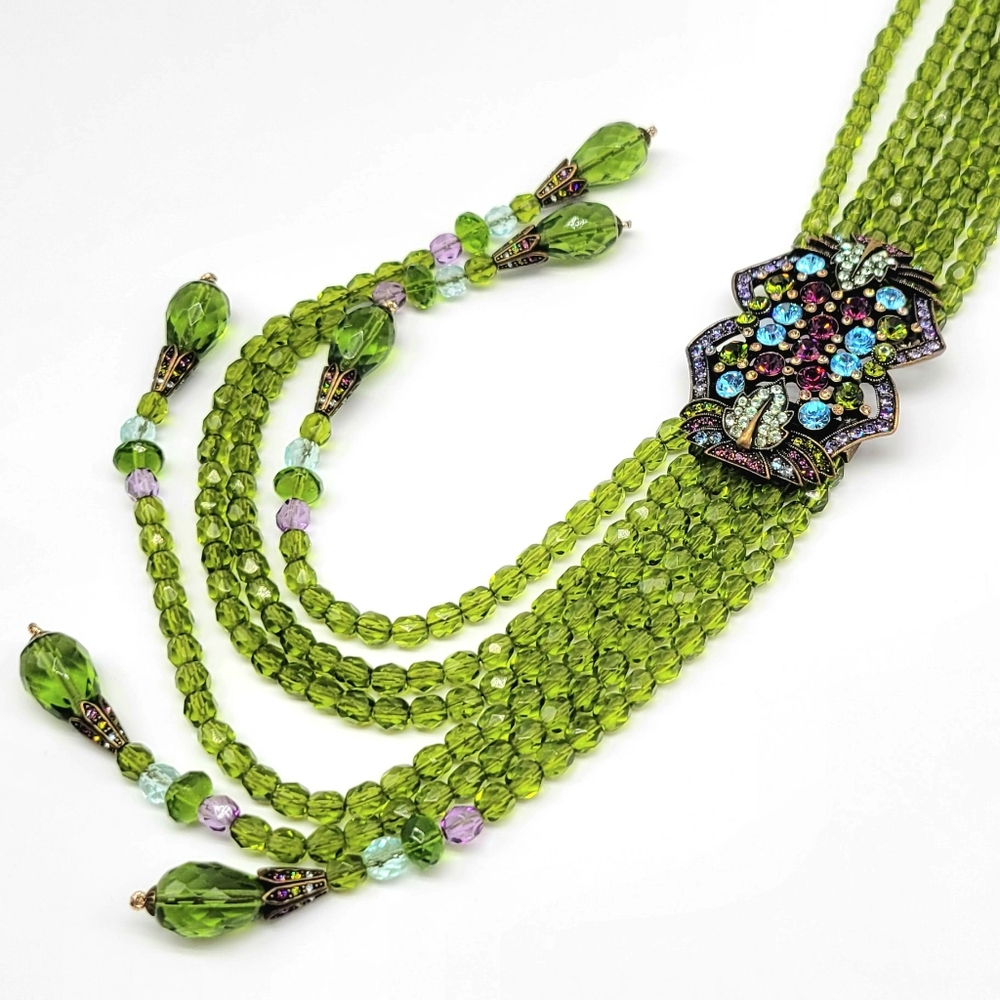 Heidi Daus Peridot Swarovski Crystal Tassel Statement Necklace w Crystal RARE!!!